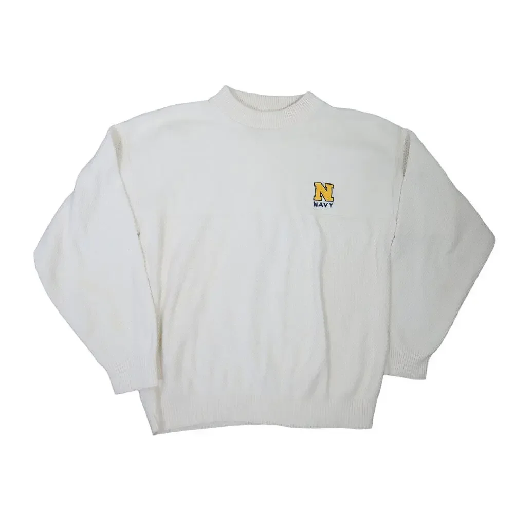 Vintage 80s Carnet Knitwear cream textured cotton knit Navy sweater Mens M